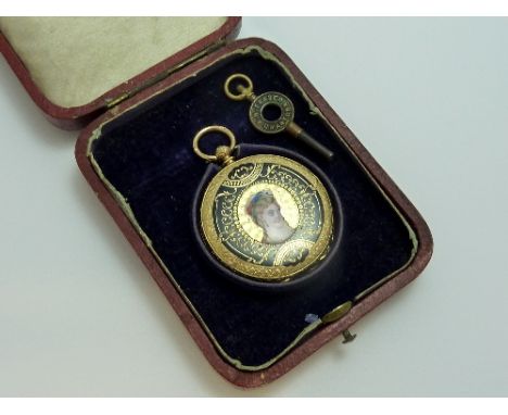 AN 18CT GOLD POCKET WATCH, with enamel work to the reverse depicting a woman within a fancy black enamel surround with fitted