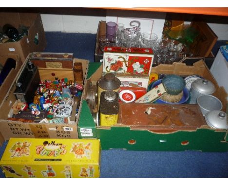 THREE BOXES OF MISCELLANEOUS, tins, Pelham 'MacBozzle' puppet, radios, glasswares etc