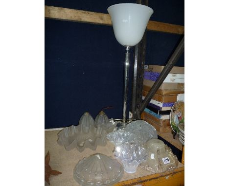 VARIOUS GLASS SHADES, and a small standard  lamp