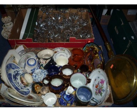 TWO BOXES AND LOOSE CERAMICS, GLASS, WARMING PAN, LAMP BASE, etc, to include lustre jugs, Royal Doulton, Gouda, Dresden etc