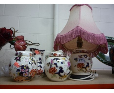 MASONS 'MANDALAY' LAMP, GINGER JAR AND ANOTHER JAR, 'Mandarin' ginger jar and 'Chartreuse' tobacco jar (5)