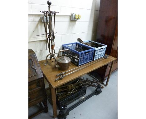 A QUANTITY OF ASSORTED METALWARES, including a copper kettle, wrought iron fire irons etc