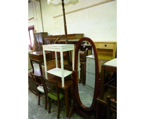 A MODERN CHEVAL MIRROR, painted occasional table and a standard lamp (3)