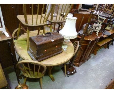 A JONES SEWING MACHINE, mantle clock, standard lamp, warming pan, magazine rack etc (13)