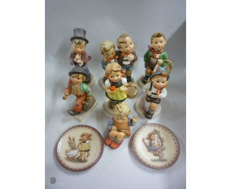 SEVEN HUMMEL FIGURES AND TWO MINIATURE PLATES, to include 'Merry Wanderer' HUM11, 'Village Boy' HUM51, 'Max and Moritz' HUM12