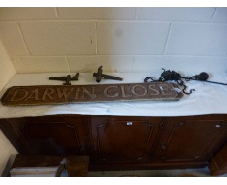 THREE CAST METAL ROAD NAME SIGNS, set of iron scales and two brass taps (6)