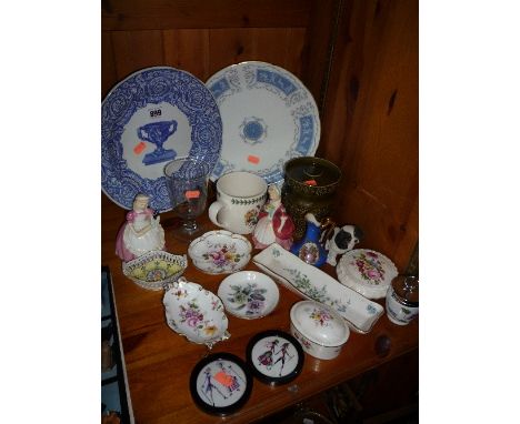 VARIOUS CERAMIC ORNAMENTS, PLATES AND A GLASS RUMMER, to include Doulton figures, Derby etc