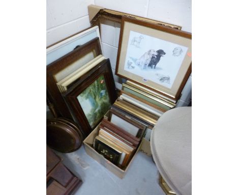 A QUANTITY OF ASSORTED PICTURES/PRINTS ETC, table lamp with shade and a copper warming pan