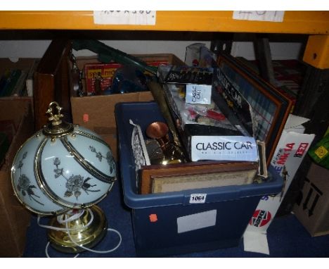 TWO BOXES AND LOOSE SUNDRY ITEMS, Diecast cars, lamp, pictures, clock etc