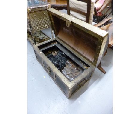 A DECORATIVE IRON AND BRASS DOME TOP TRUNK, (made with the lid in the fixed open position)