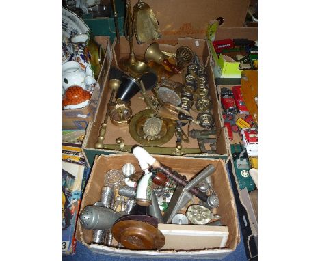 TWO BOXES OF COLLECTABLES, horse brasses, companion set, cruets, pipe etc