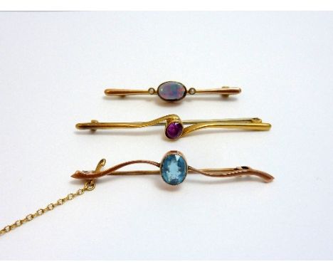 THREE BROOCHES, the first two similarly designed as two twisted bar brooches together with an opal triplet and pearl bar broo