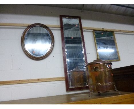 AN OAK FRAMED WALL MIRROR, two other mirrors a firescreen, a coal box and an oak barley twist gate leg table (6)