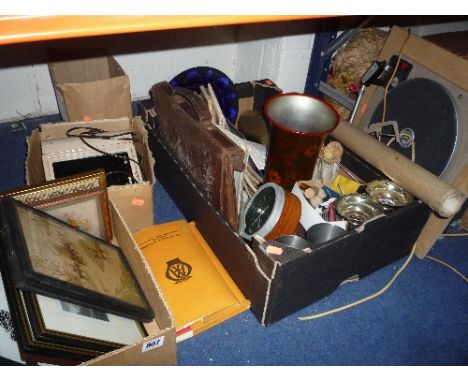 THREE BOXES AND LOOSE SUNDRY ITEMS, Garrard record player (s.d.), pictures, maps etc