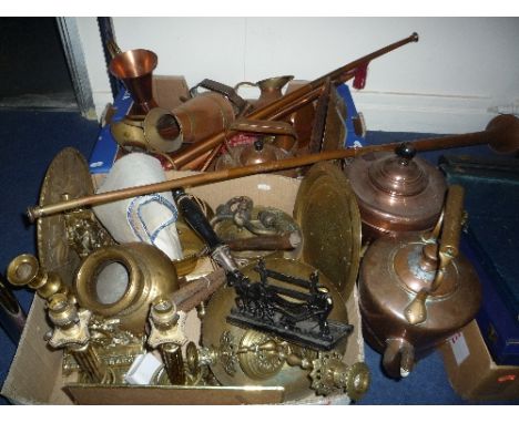 TWO BOXES AND LOOSE COOPER AND BRASSWARES, to include kettle, jam pan, urn, horns etc