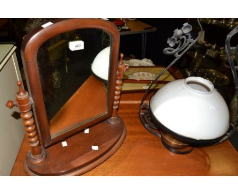 A Victorian mahogany dressing-table mirror, turned bobbin supports, shaped base, 50cm high; an early 20th century ceiling lig