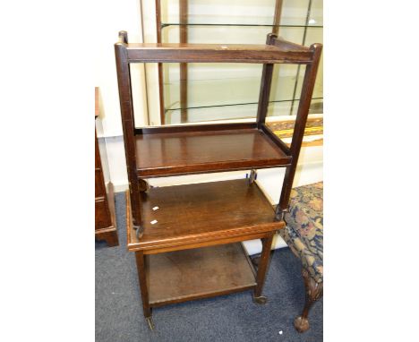 A 1930's oak two-tier tea trolley;  a similar combination card/trolley table