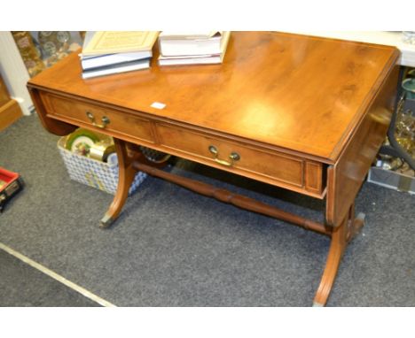 A reproduction walnut sofa table, two drawers to frieze, 20th century 