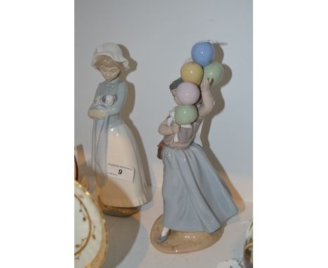 A Nao figure, Farm Girl, cradling a puppy;  a Nao advertising sign;  a Nao figure, Balloon Seller (3)