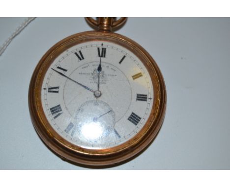 An Edwardian 9ct gold open face pocket watch, 4.5cm diam white enamel dial painted with Roman numerals, seconds subsidiary di