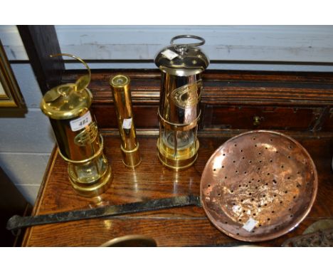 Metal Ware - a brass kaleidoscope;  a Ferndale Coal Colliery Mining Co. lamp;  another, F Thomas & Co lamp;  a brass skillet 