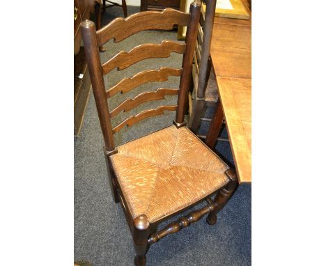 Frank Pratt of Derby - a set of six ladder back dining chairs, rush seats, turned under frames, pad feet, c.1962
