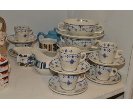 A Furnival pottery Denmark pattern blue and white coffee service, printed with blossom;   a Ridgway jug, c.1960;  another, Mi