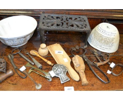 Kitchenalia - a pair of sycamore butter pats;  a sycamore pastry cutter;  others, brass;  corkscrews;  pewter ice cream clamp