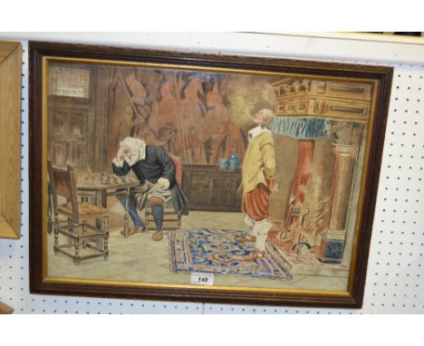 English School, (early 20th century)
Checkmate, Old Foes Playing Chess
watercolour, 36cm x 52cm