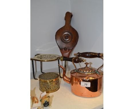 A copper Kettle; a brass trivet; bellows; etc (4)