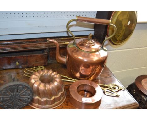 Kitchenalia - a copper jelly mould;  another, similar;  a warming pan;  another;  a copper kettle;  etc 