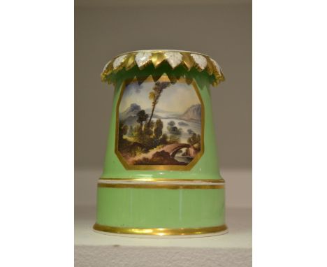 A Bloor Derby Named View spreading cylindrical vase/night light, painted with a View in Cumberland, gilt canted cartouche, on