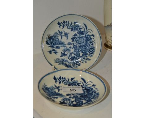 A Worcester Fence pattern saucer, printed with fence, peonies and birds in flight, tramline border, 12cm diam, crescent mark,