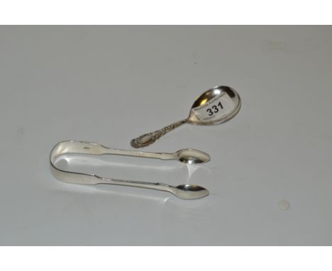 A silver caddy spoon; a Fiddle pattern sugar bows