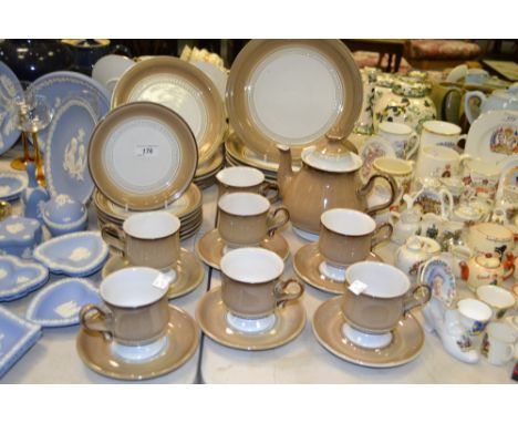 A Denby tea service and table service, comprising teapot, teacups, dinner plates, dessert plates and side plates, etc 