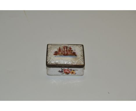 A George III South Staffordshire enamel waisted rectangular snuff box, domed hinged cover painted with ruins, the sides and b