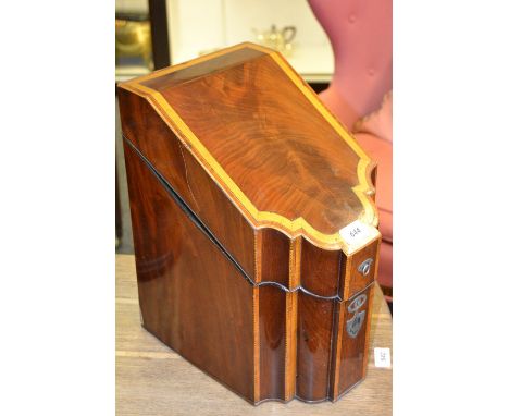 A George III kingwood and satinwood crossbanded mahogany commode fronted knife box, hinged cover enclosing a fitted interior,