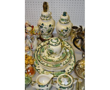 Ceramics Masons Ironstone - Chartreuse pattern octagonal jar and cover;  a similar table lamp;  rounded rectangular platter; 