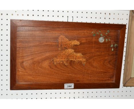 A Japanese hardwood rectangular panel, inlaid in coloured woods and mother of pearl with tigers in moonlight, early 20th cent