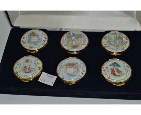 A suite of six Crummles & Co. Beatrix Potter circular patch boxes, commissioned by Royal Doulton, Benjamin Bunny, Peter Rabbi