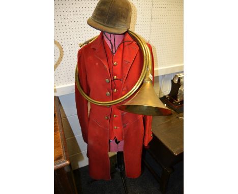 A 19th century hunting waistcoat and jacket,  brass circular buttons; a hunting horn;  a later riding hat (4)