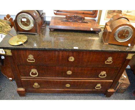 A French Empire mahogany commode, rectangular Crionoid marble top, above three long drawers with gilt brass ring handles, fla