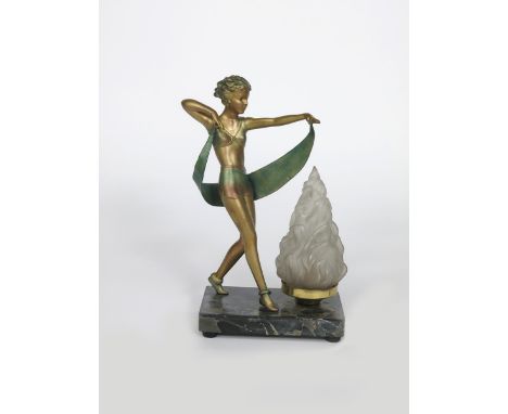 A patinated metal figural table lamp after a model by Josef Lorenzl,  modelled as a dancer holding a scarf, on veined marble 