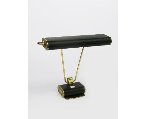 A Gilded metal adjustable desk lamp, rectangular base supporting rectangular swivel shade, with matt black enamel finish, uns