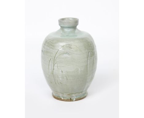 Mike Dodd (born 1943) a stoneware vase, incised with simple grass motif under hakeme glaze and pea ash impressed seal mark, 2