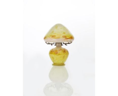 A Moncrieff's Monart Ware glass lamp base and shade, model VII, opaque white graduating to pink and then pale yellow with yel