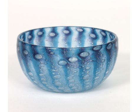 A Moncrieff's  Monart Ware glass bowl, clear glass with blue graduating to purple stripes, with controlled air bubble columns