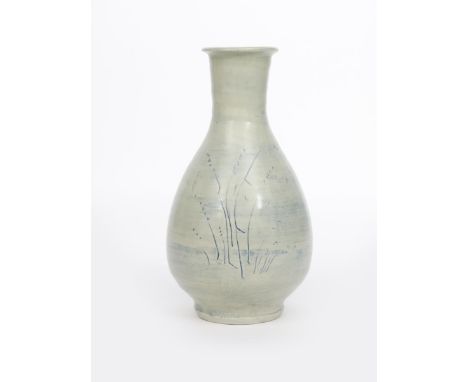 Jim Malone (born 1946) an Ainstable Pottery  porcelain bottle vase, incised with simple grass motif with hakeme glaze under c