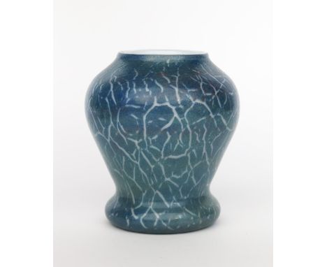 A Moncrieff's  Monart Ware Cloisonne glass vase,   swollen, footed form, opaque white glass surface decorated with crackled b