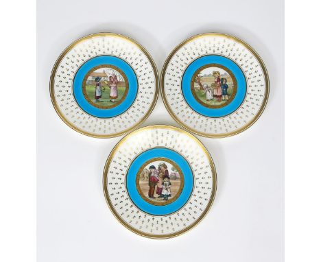 Three Minton's porcelain plates by William Wise,  printed and painted to the well with Victorian children playing, picking fl